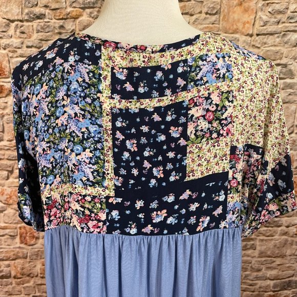 NWT E.Luna Blue Floral Patchwork Babydoll Top - Picture 6 of 9